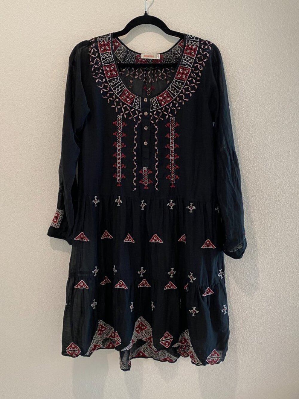 Johnny Was Ava Embroidered Cotton Silk Peasant Dress Black Boho Midi Large